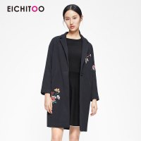 爱居兔春装2019女装时尚舒适藏青宽松中长款西装领大衣