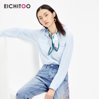 爱居兔2019春装女装休闲浅蓝长袖休闲轻薄衬衫