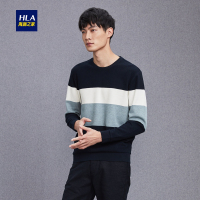 HLA海澜之家提花肌理感长袖T恤2018秋季条纹圆领长袖T恤男HNTAD3E056A