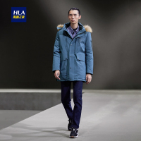 HLA海澜之家带毛连帽鹅绒羽绒服2018冬季舒适保暖羽绒外套男HWRAJ4E166A