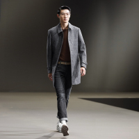 HLA海澜之家翻领格纹大衣2018冬季长款保暖大衣外套男HWDAD4E019A