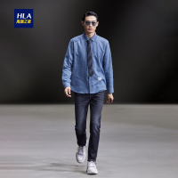 HLA海澜之家牛仔蓝时尚保暖衬衫2018冬季清新舒适长袖衬衫男HNEAD4E251A