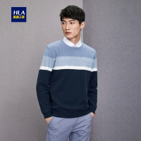 HLA海澜之家撞色条纹双领针织衫2018冬季加绒修身假两件男HNTJD4E184A