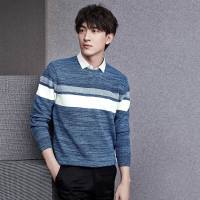 HLA海澜之家撞色条纹双领针织衫2018冬季加绒保暖假两件男HNTJD4E105A