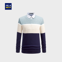HLA海澜之家条纹款双领针织衫2018冬季保暖套头假两件男HNTJD4E196A