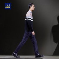 HLA海澜之家条纹镶拼双领针织衫2018冬季保暖套头假两件男HNTJD4E129A