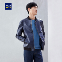 HLA海澜之家时尚花纹棒球领夹克2019春季PU皮夹克外套男