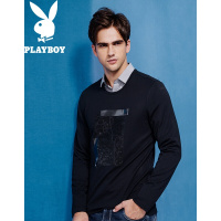 花花公子(PLAYBOY)花花公长袖T恤男印花个性黑色青年上衣休闲修身男士卫衣上装流行