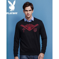 花花公子(PLAYBOY)卫衣男秋冬款青年长袖印花时尚潮流韩版圆领套头男装外套黑色