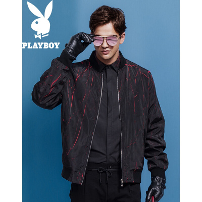 花花公子(PLAYBOY)秋季新品时尚收口袖商务休闲条纹夹克衫修身个性男装外套