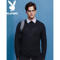 花花公子(PLAYBOY)长袖T恤男秋冬款青年男士黑色时尚商务休闲印花打底衫潮黑色