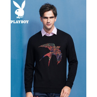 花花公子(PLAYBOY)秋季新品长袖T恤秋款男士圆领体恤青年个性刺绣潮流卫衣黑色