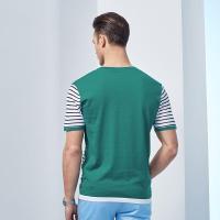 【专柜同款】九牧王男装2017夏季新品男士休闲纯棉圆领短t中年条纹T恤衫男/修身版/绿色