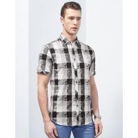 【专柜同款】九牧王短袖衬衫男士夏季时尚休闲舒适薄款格子花纹衬衣/标准版/灰色