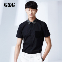 GXG衬衫男装夏装男士时尚潮流修身休闲斯文黑色印花领短袖衬衣