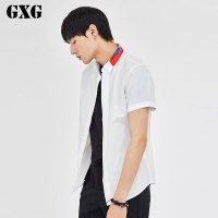 GXG衬衫男装 夏装男士时尚白色领部印花暗襟短袖衬衣
