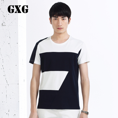 GXGT恤男装夏装 男士时尚潮流蓝白色休闲拼接短袖T恤