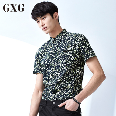 GXG衬衫男装夏季男士时尚修身斯文休闲碎花短袖衬衫潮