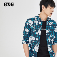 GXG衬衫男装 夏装男士斯文潮流时尚蓝白色潮流斯文格纹短袖衬衣