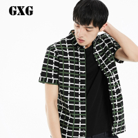 GXG衬衫男装夏装男士时尚都市修身绿白格纹休闲短袖衬衫
