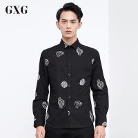 GXG长袖衬衫男装秋季青年百搭男士斯文时尚休闲黑色花纹长袖衬衫