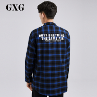 GXG男装男士秋季个性潮流蓝黑格纹长袖衬衫衬衣_1