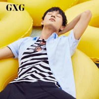 GXG男装夏季男士韩版修身时尚蓝色休闲短袖衬衫男_1