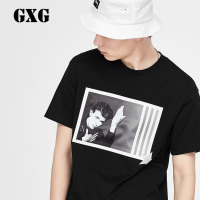 GXG男装春季男士修身潮流T恤黑色时尚圆领短袖打底T恤