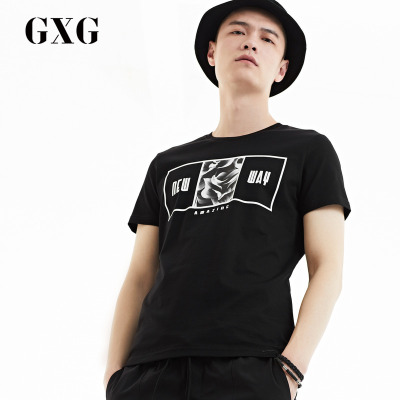 GXG男装夏季男士黑色时尚休闲都市潮流圆领短袖T恤男_1