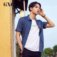 GXG男装夏季男士时尚都市流行修身蓝色休闲短袖衬衫_1