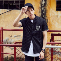 GXG男装 春季男士黑底白条休闲短袖衬衫修身黑色长袖条纹衬衣