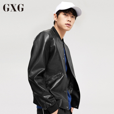 GXG男装 秋季男士韩版黑色修身休闲棒球领PU皮夹克外套