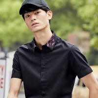gxg jeans男装 夏季男士商务休闲纯黑修身短袖衬衫衬衣