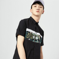 gxgjeans男装夏修身印花拼接休闲短袖衬衫潮