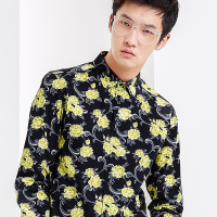 gxgjeans男装春衬衣修身印花青年休闲棉长袖衬衫