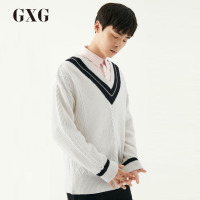 GXG男装秋季男士时尚流行休闲韩版白色低领黑白撞色V领毛衫男