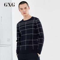 GXG男装秋季男士修身时尚休闲都市青年流行蓝底白条针织衫毛衫男