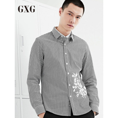 GXG长袖衬衫男装秋季男士时尚休闲青年帅气都市灰白条长袖衬衣男