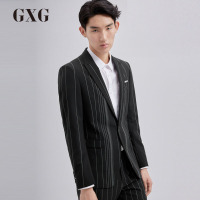 GXG男装秋季男士时尚商务绅士流行青年黑底白条修身西装外套男