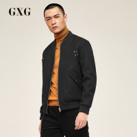 GXG男装秋季男士时尚都市流行黑色短款保暖羊毛棒球领夹克外套