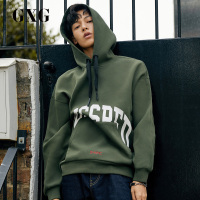 GXG男装秋季男士时尚休闲都市韩版流行印花军绿色连帽卫衣潮