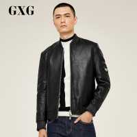 GXG男装秋季男士时尚都市青年商务休闲流行棒球领修身黑色皮衣