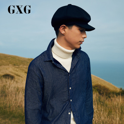 GXG男装秋季男士时尚都市青年蓝色流行保暖加绒牛仔长袖衬衫男