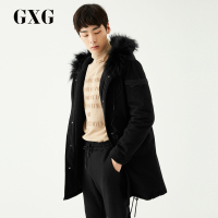GXG男装 冬季男士韩版黑色中连帽加厚白鸭绒中长款羽绒服男士潮流