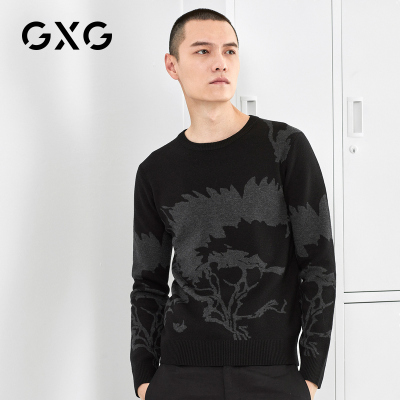 GXG男装 春季男士时尚青年都市修身流行圆领套头黑色毛衫针织衫