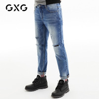 GXG男装 春季男士韩版青年帅气都市潮流蓝色修身小脚破洞牛仔裤