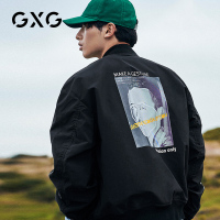 GXG男装 秋季男士黑色休闲棒球服印花薄款夹克外套男#GA121202E