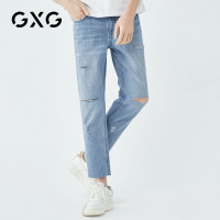 GXG男装 夏季男士韩版时尚潮流破洞显瘦直筒浅蓝色牛仔九分裤男