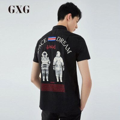 GXG男装 夏季男士时尚小尖领潮流印花黑色休闲短袖衬衫男