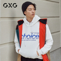 GXG男装 春季男士韩版国潮英文印花白色套头口袋连帽卫衣男